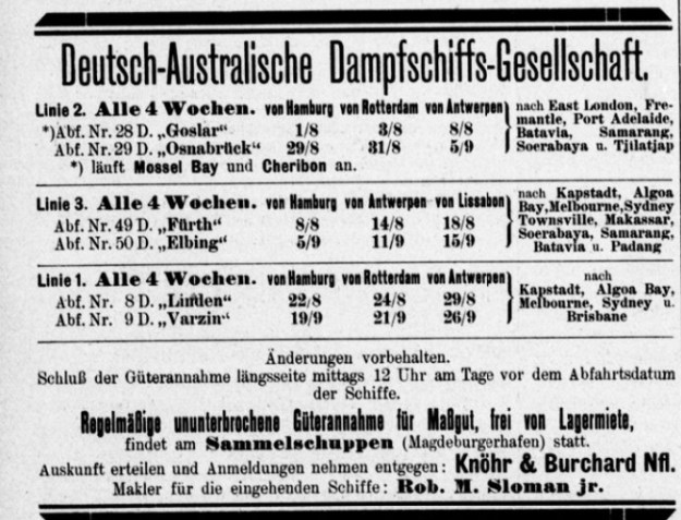 Advertisement German Australian Steam Ship Co., Hansa, August 1908