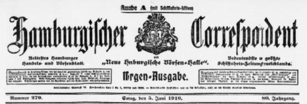 Hamburgischer Correspondent und Neue Hamburgische Börsen-Halle, Titelseite vom 5. Juni 1910, "Bedeutenste und größte Schiffahrtszeitung Deutschlands"