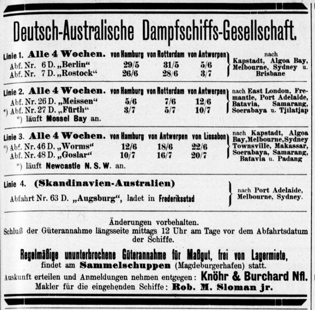 German Australian Steam Ship Co., advertisement Hansa May 1909