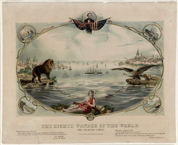 Allegorical scene showing Neptune with a trident in foreground, and lion representing Great Britain holding one end of the Atlantic cable and eagle representing the United States holding the other end of the cable, with ocean between them and cities behind them. Includes portrait of the inventor, Cyrus Field, at top center.