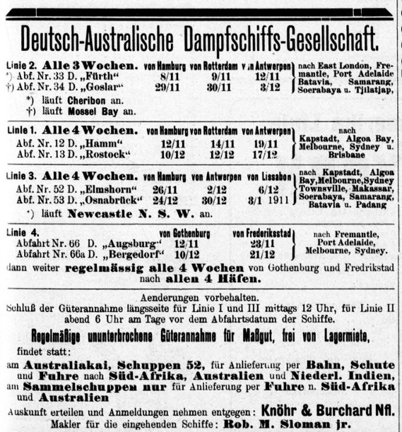 German Australian Steam Ship Co., advertisement in Hansa, November 1910