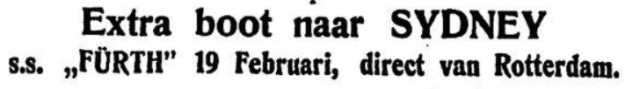 Extra boot naar Sydney, ss Fürth, 19 Februari 1913, direct van Rotterdam