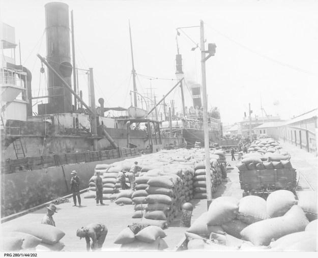 Men working with bagged grain waiting to be loaded on to cargo ships docked at Queen's wharf, Port Adelaide, South Australia. Approx. 1911