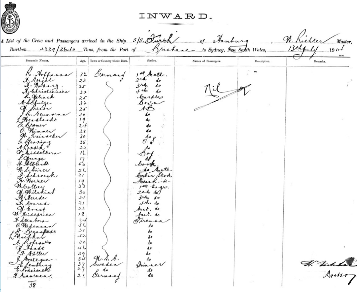 crew list, SS Fuerth, Sydney July 13th, 1914, shipping master's office