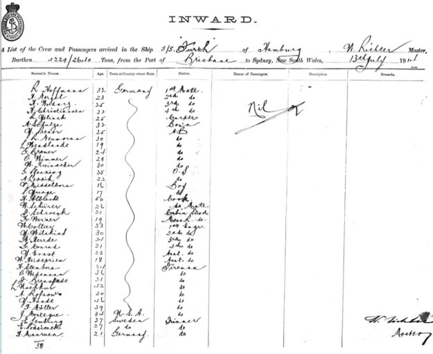 crew list, SS Fuerth, Sydney July 13th, 1914, shipping master's office