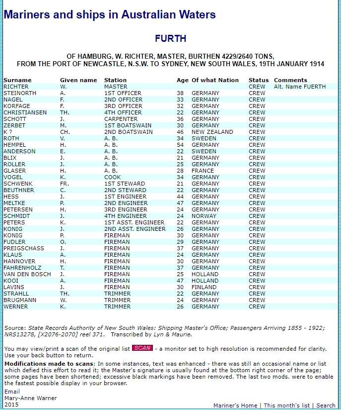 crew list, SS Furth, January 19th 1914, Sydney, transcription