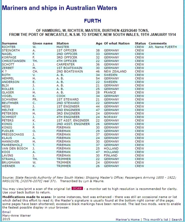 crew list, SS Furth, January 19th 1914, Sydney, transcription