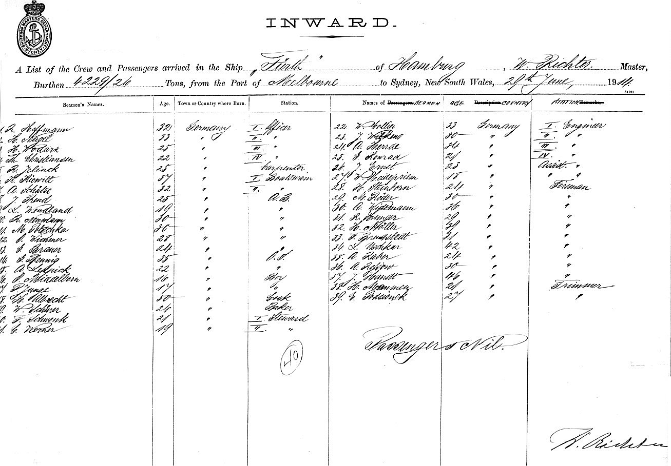 crew list SS Fuerth, Sydney June 29th, 1914