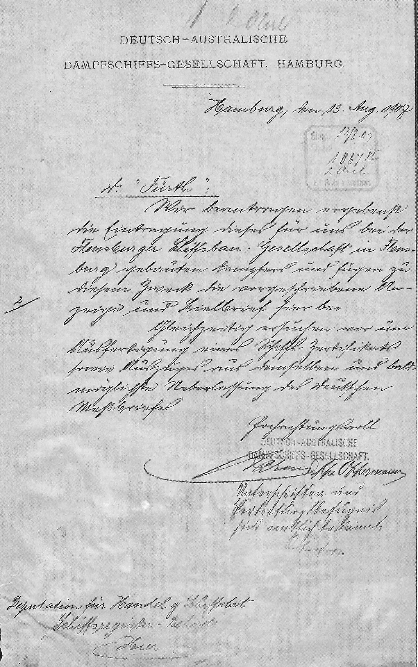 steamship Fürth, registration documents, Hamburg