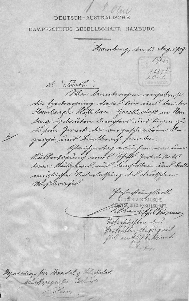 steamship Fürth, registration documents, Hamburg