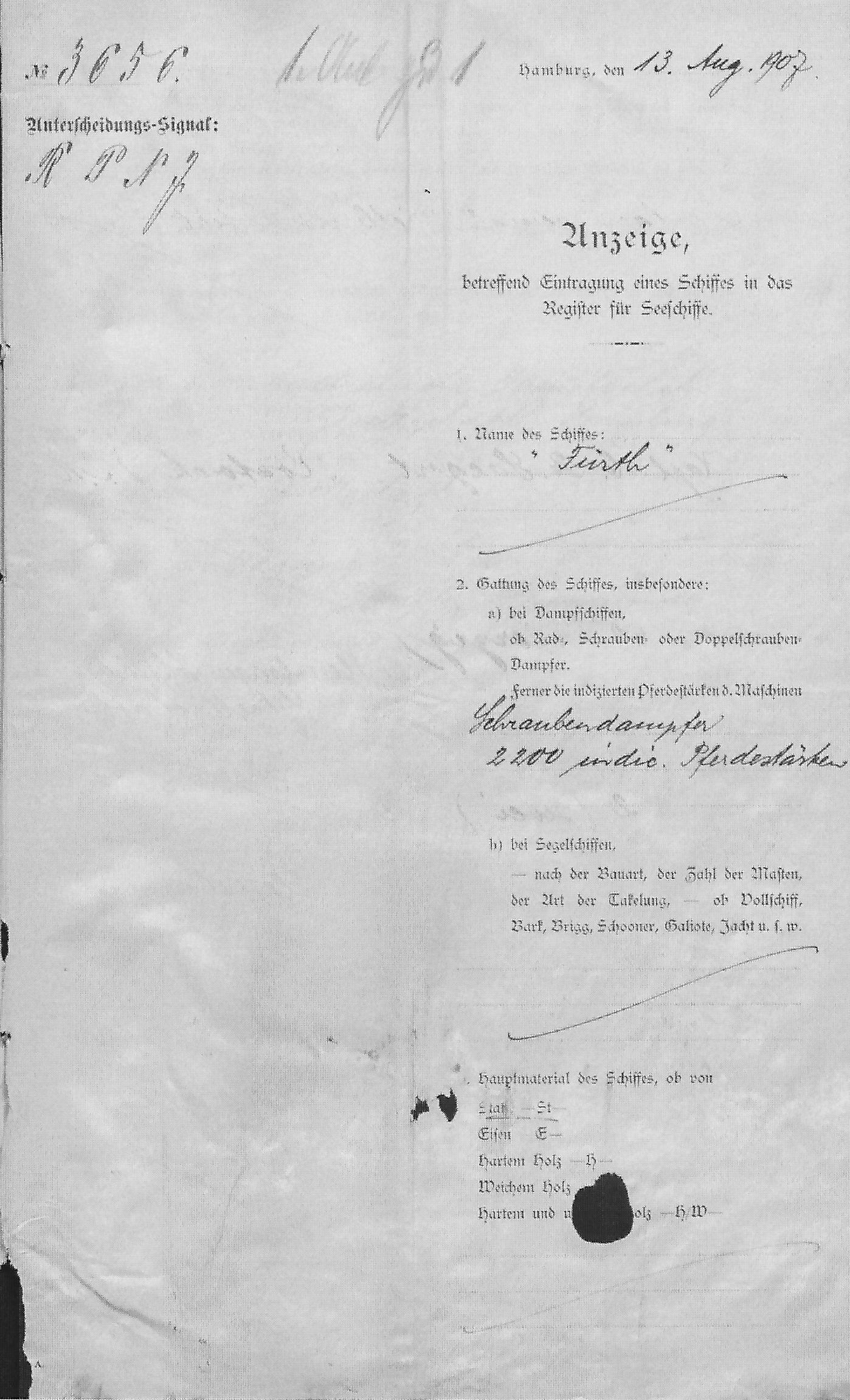 steam ship Furth, registration documents, Hamburg