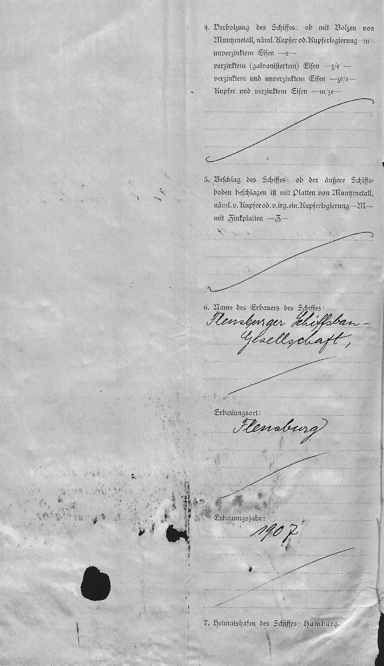 steam ship Furth, registration documents, Hamburg