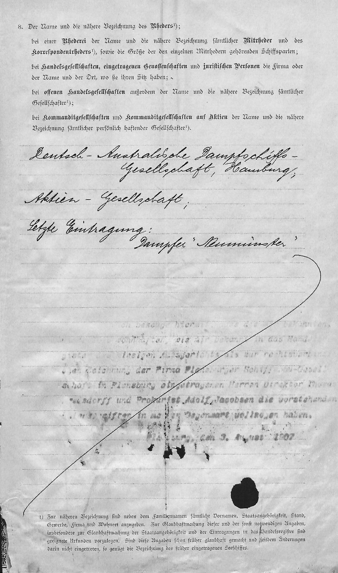 steam ship Furth, registration documents, Hamburg