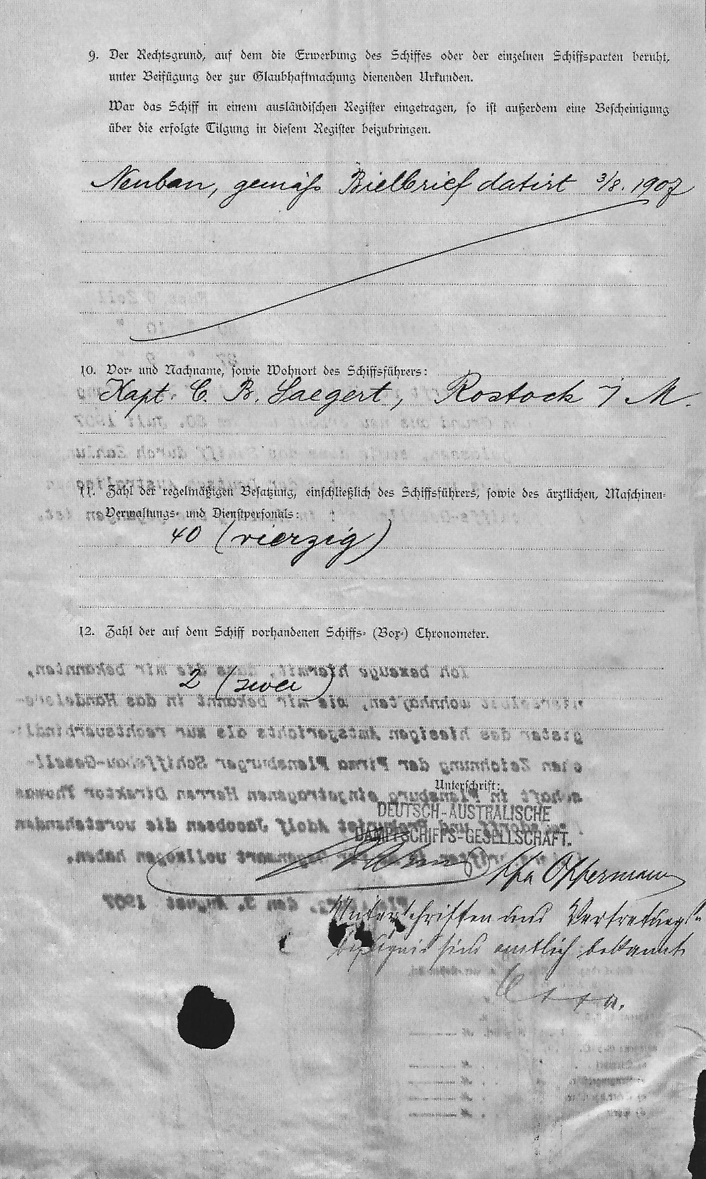 steam ship Furth, registration documents, Hamburg