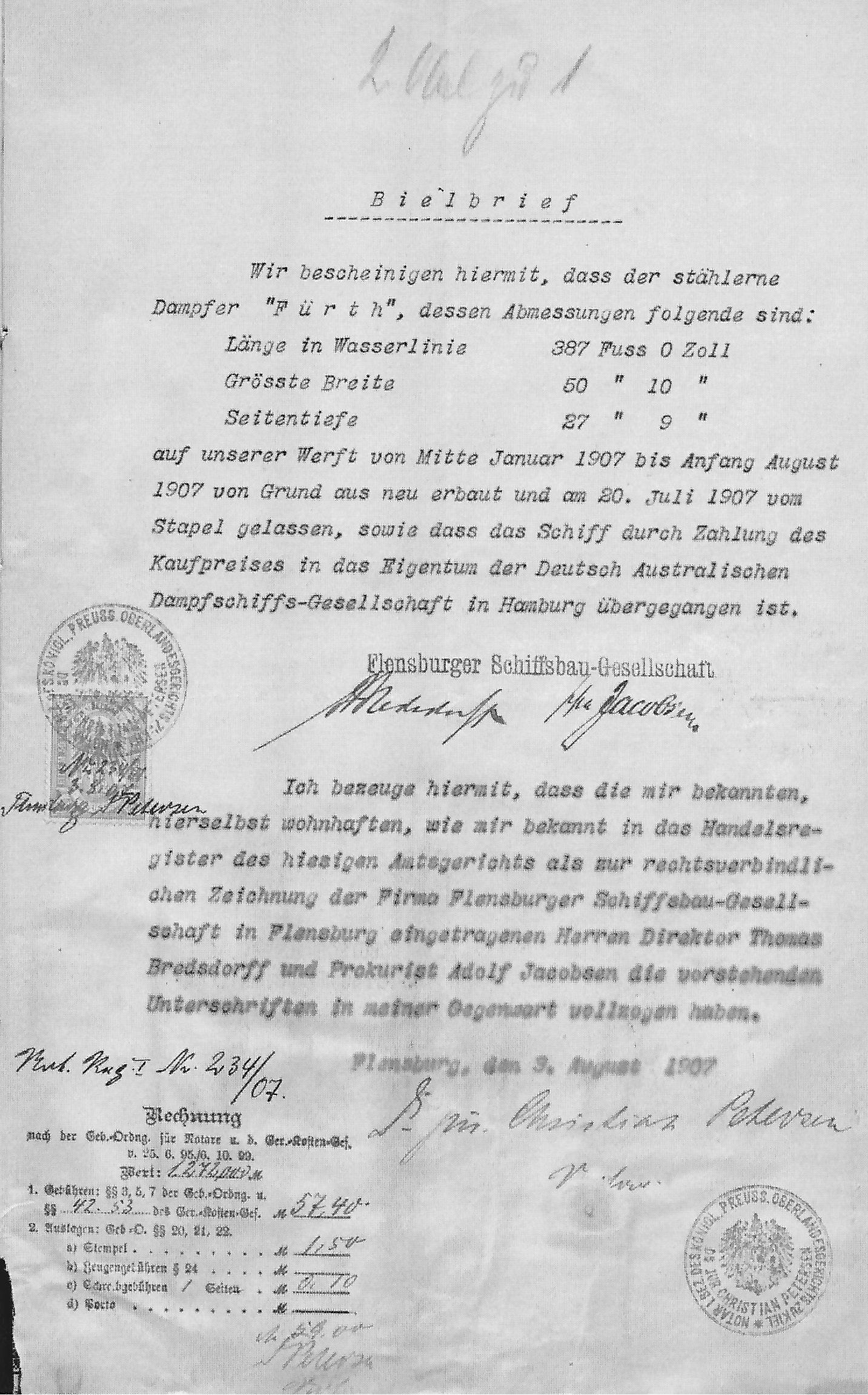steam ship Furth, Bielbrief, registration documents, Hamburg