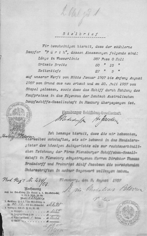 steam ship Furth, Bielbrief, registration documents, Hamburg
