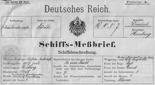 Steamer Fürth, German-Australian Liner, Schiffsmessbrief