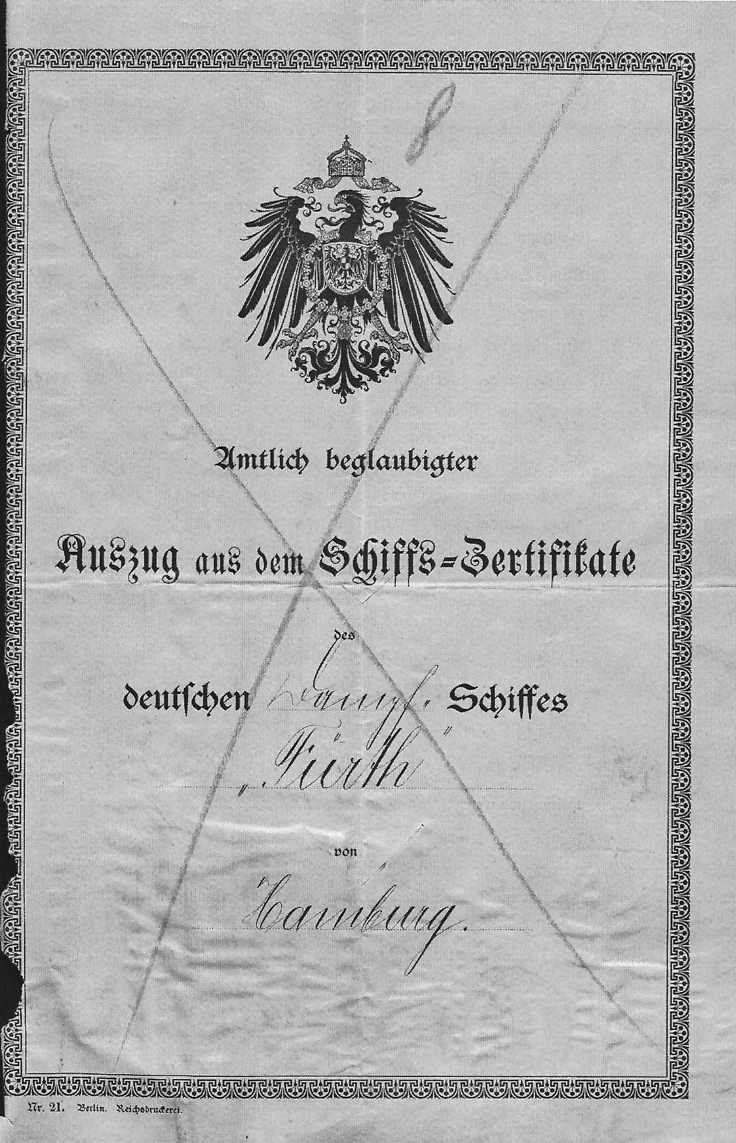 certificate steamship Furth