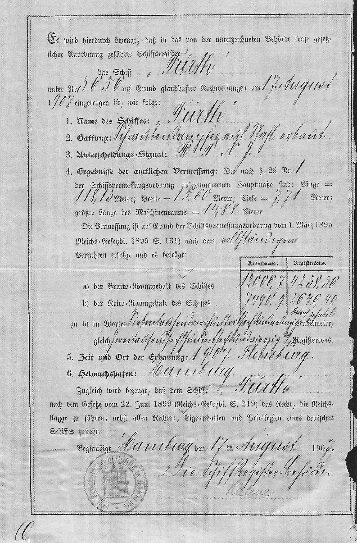 steamer Furth, certificate, extract