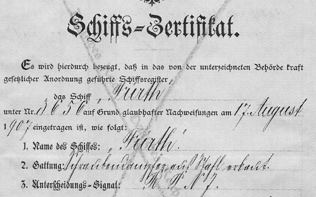 steamer Furth, certificate, detail
