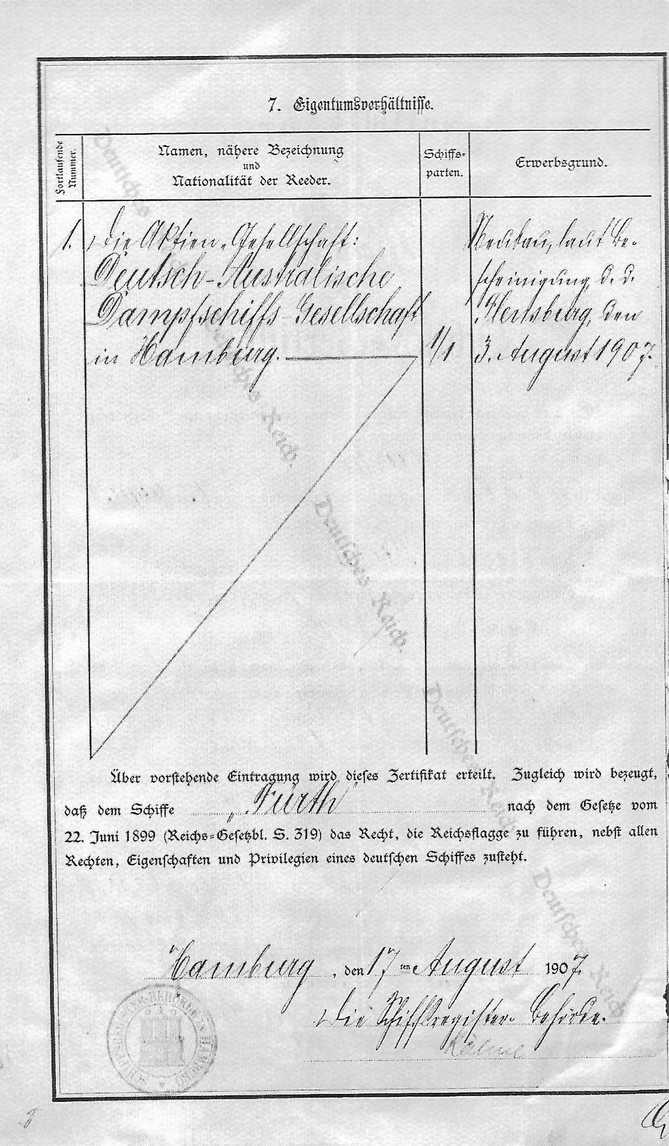steamer Furth, certificate, ownership