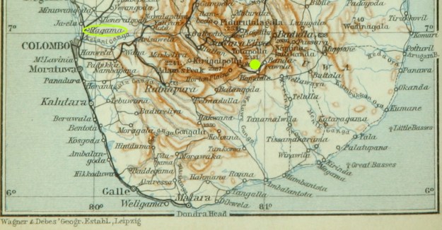 ceylon, Ragama Camp and Diyatalawa Camp (yellow dot)
