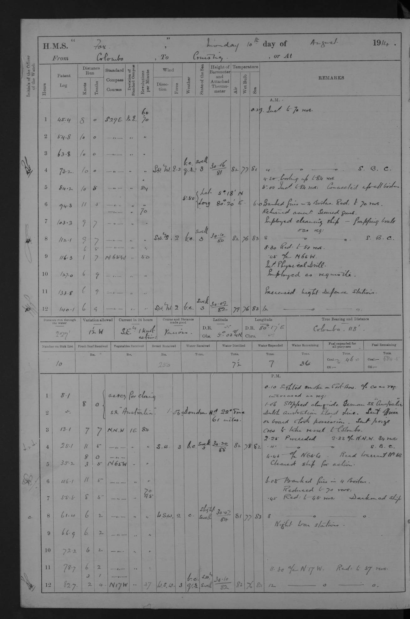 Logbook, HMS Fox, August, 10th 1914