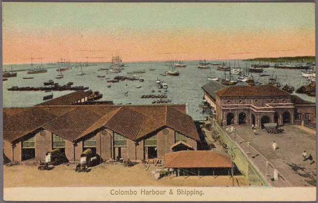 colombo harbour, panorama from GOH, 1907, colored postcard