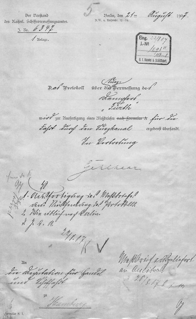 Kaiserliches Schiffsvermessungsamt Berlin, Dampfer Fürth