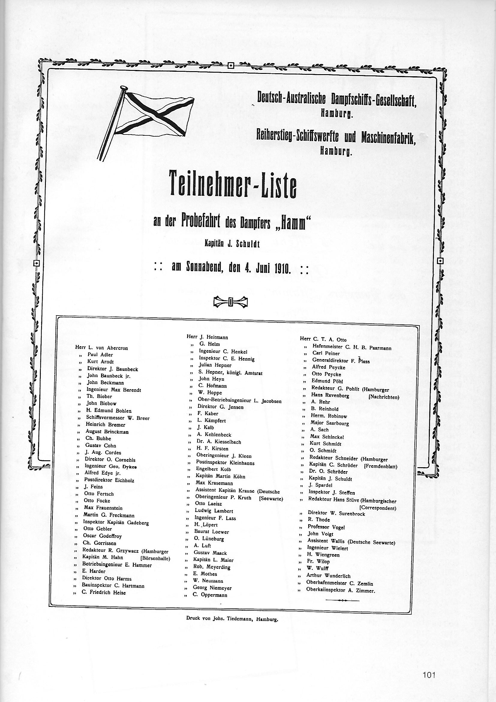 Teilnehmerliste der Probefahrt des Dampfers "Hamm" am 4. Juni 1910, © Reinhart Schmelzkopf