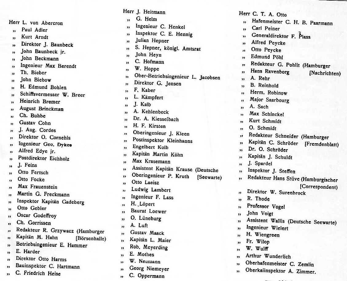 Teilnehmerliste der Probefahrt des Dampfers "Hamm" am 4. Juni 1910, Ausschnitt, © Reinhart Schmelzkopf Deutsch-Australische Dampfschiffs-Gesellschaft, Hamburg 1888 – 1926, erschienen 1984 im Eigenverlag (Strandgut-Publikation)