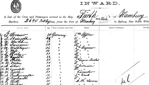 crew list, steamer Furth, Sydney Oct 8, 1908