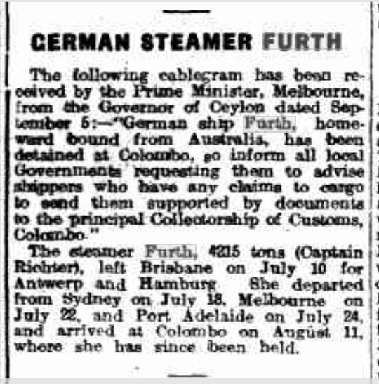 German Steamer Furth, Daily Herald Adelaide, Ausgabe vom 9. September 1914, Seite 6, Quelle: National Library of Australia