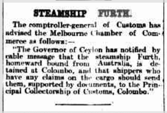 Steamship Furth, The Argus, Melbourne, Ausgabe vom 11. September 1914, Seite 8, Quelle: National Library of Australia