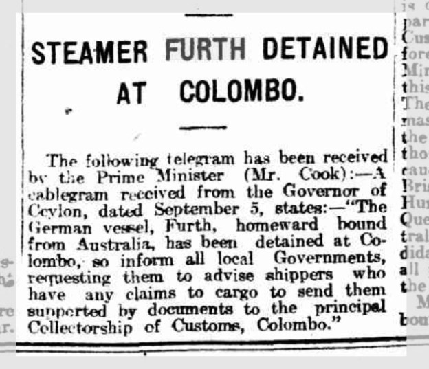 Steamer Furth detained at Colombo, The Express and telegraph, Adelaide, Ausgabe vom 8. September 1914, Seite 1, Quelle: National Library of Australia