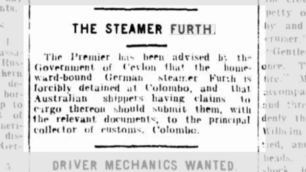 The Steamer Furth, The Telegraph, Brisbane, Ausgabe vom 7. September 1914, Seite 7, Quelle: National Library of Australia