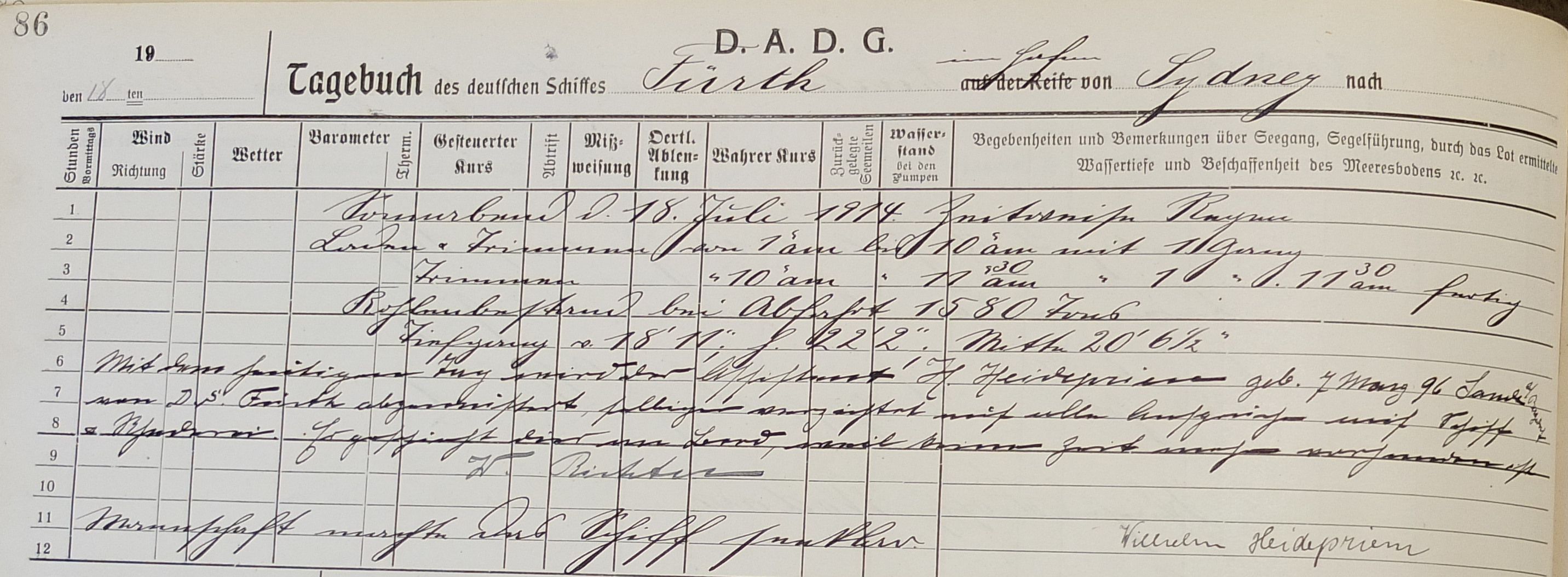 log book steam ship Furth 1914