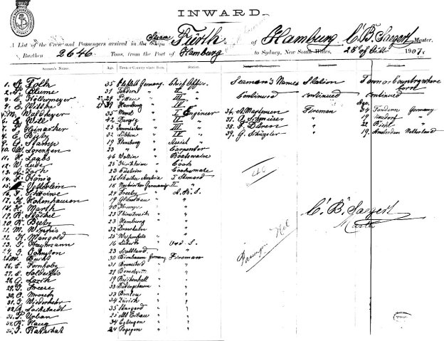 crew list, Furth, Sydney, October 28th 1907