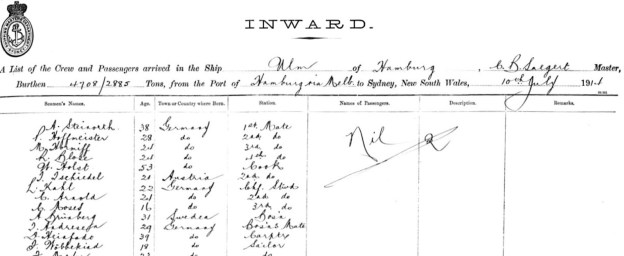 steam ship Ulm, crew list July 20th 1914