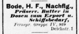 Präservierte Butter von H. F. Bode, Hamburger Adressbuch 1917, Quelle: agora.sub.uni-hamburg.de