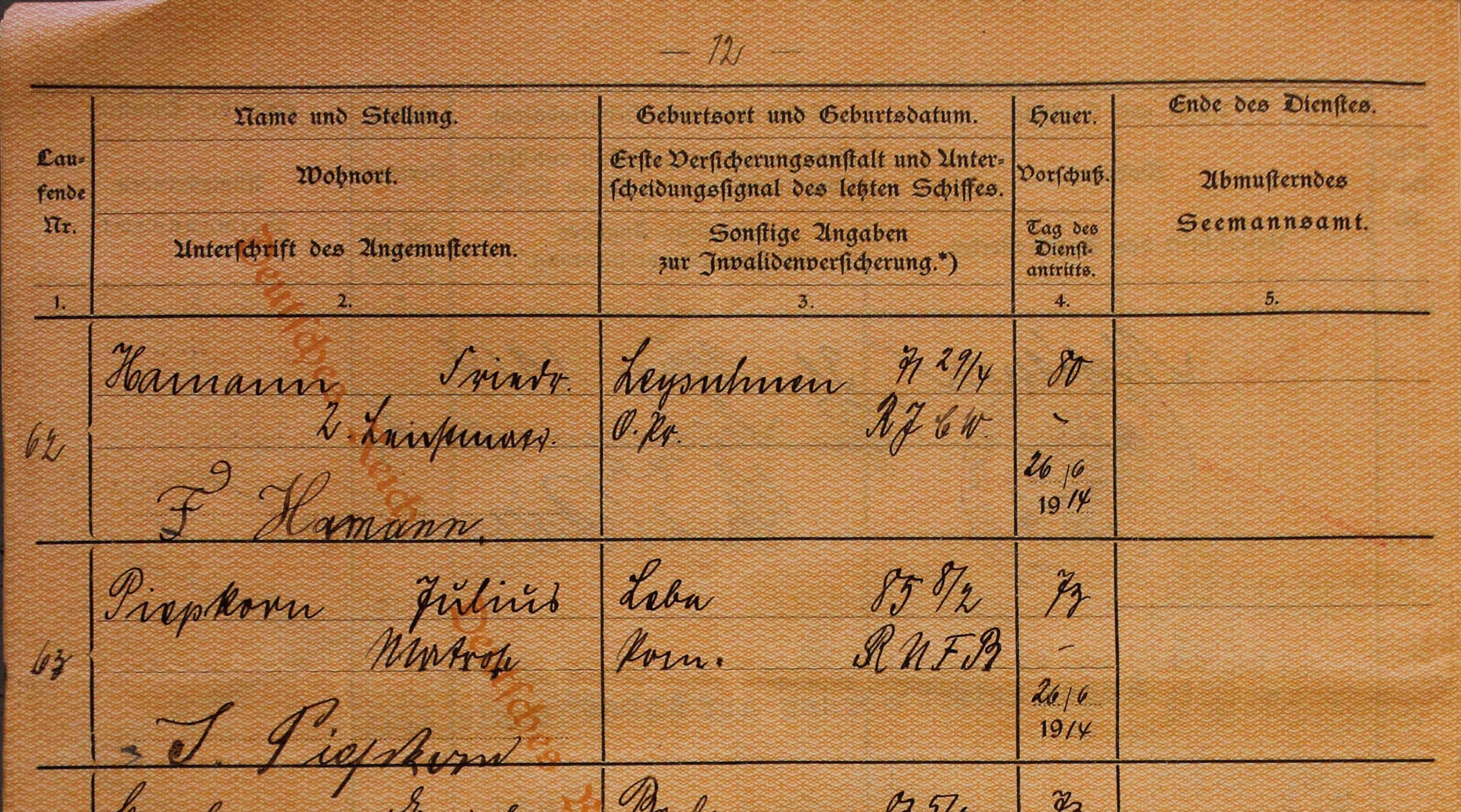 ship's articles Neumunster 1913/1914