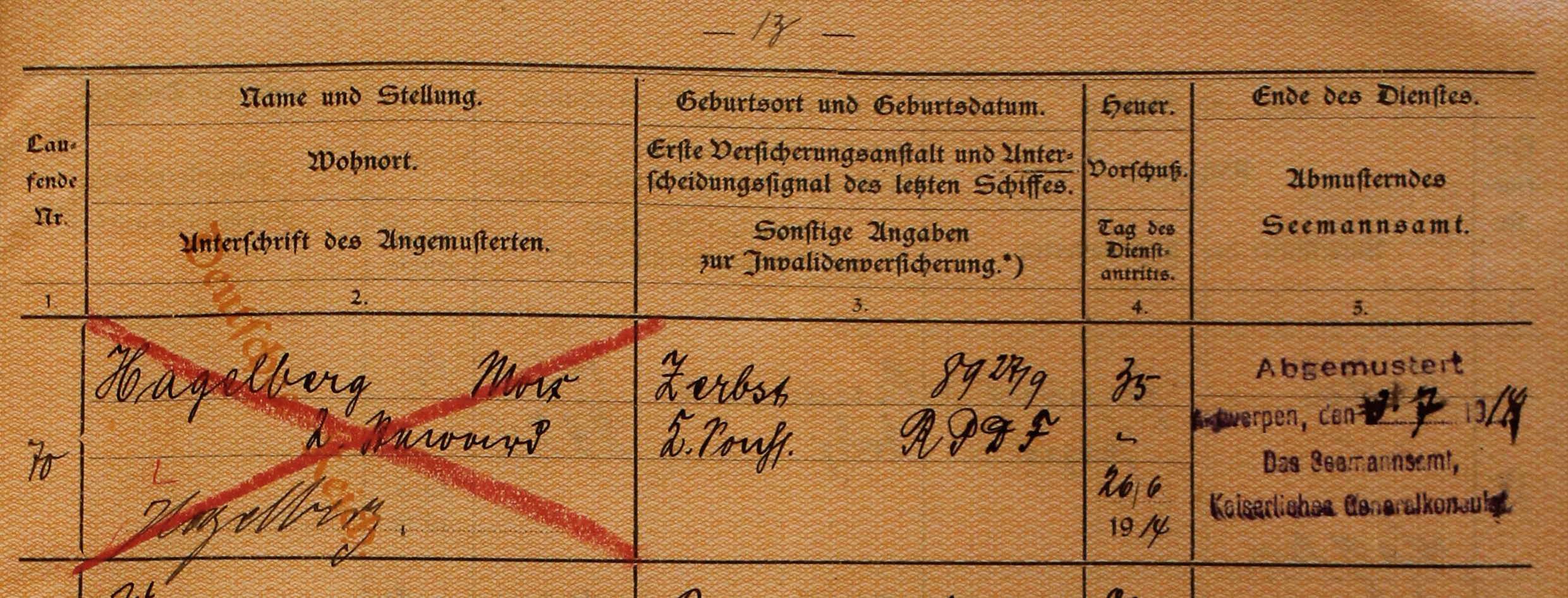 ship's articles, Neumunster 1914, Max Hagelberg