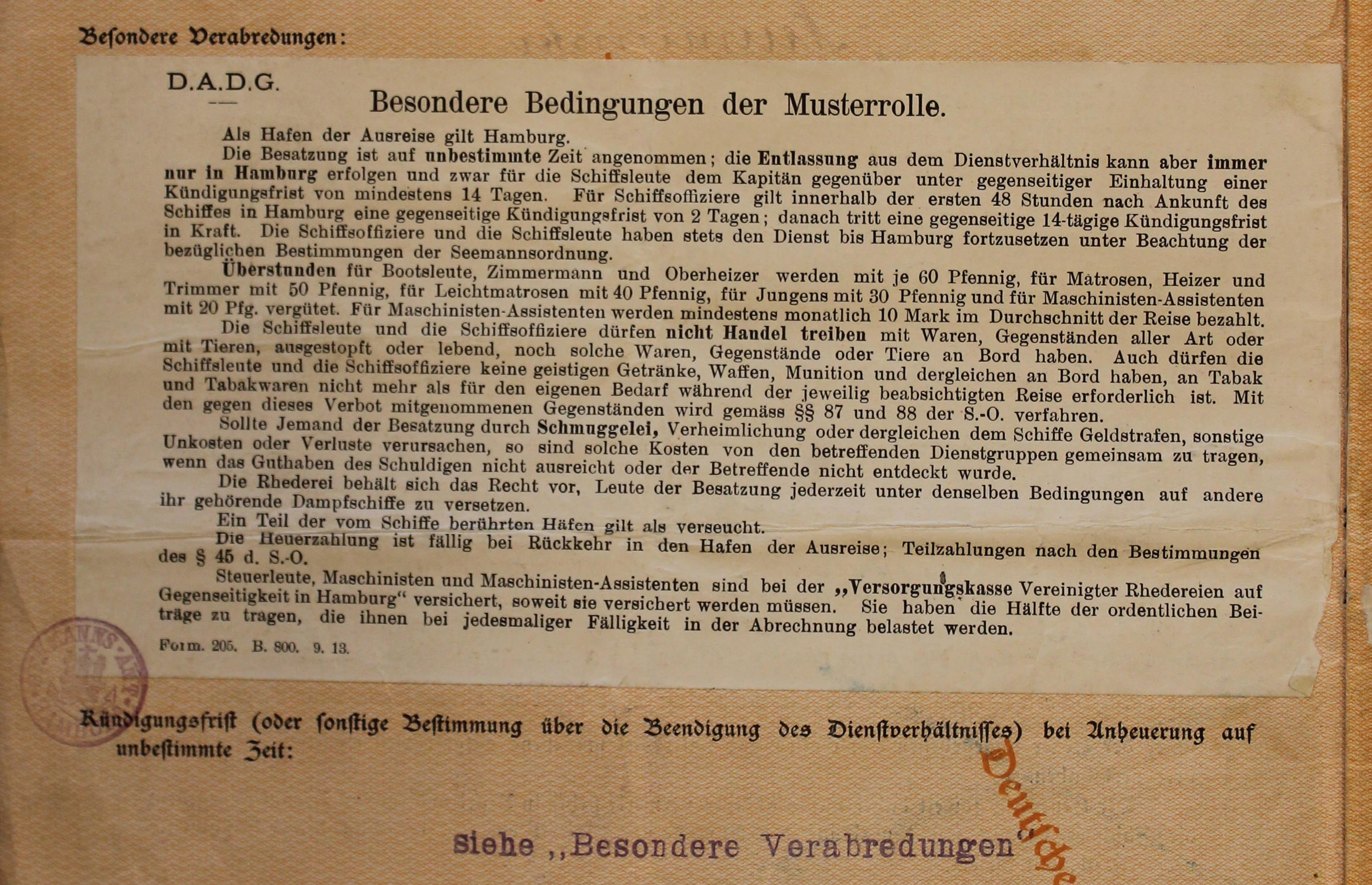 ship's articles Neumunster 1913/1914