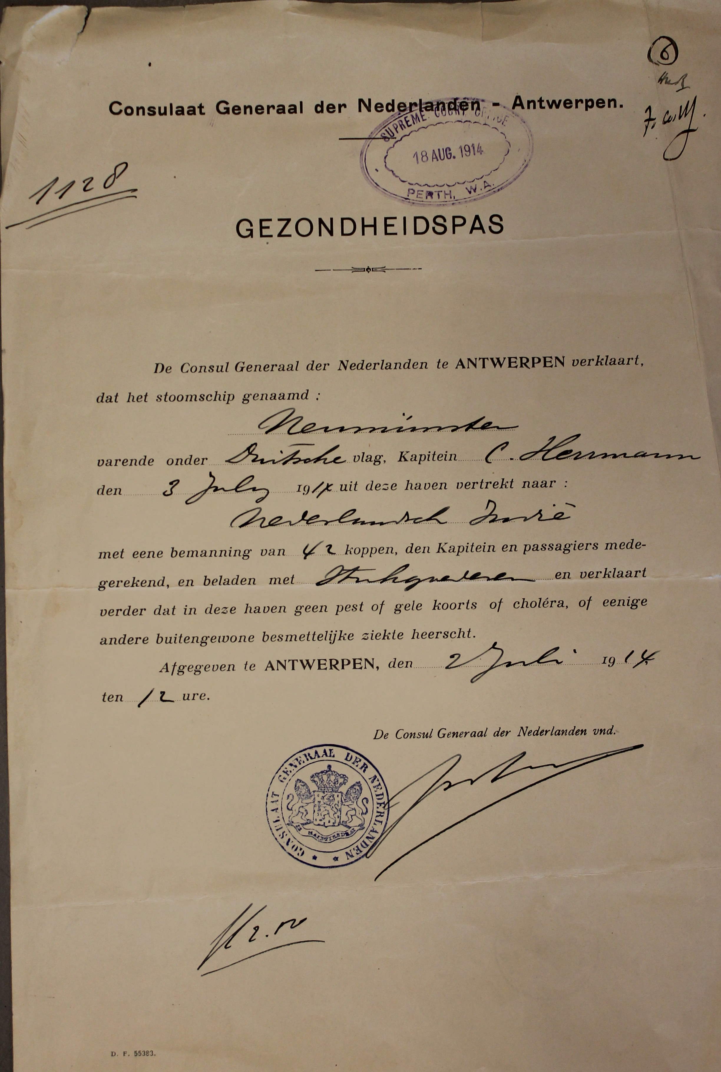 Gesundheitspass Schiff Neumünster 1914