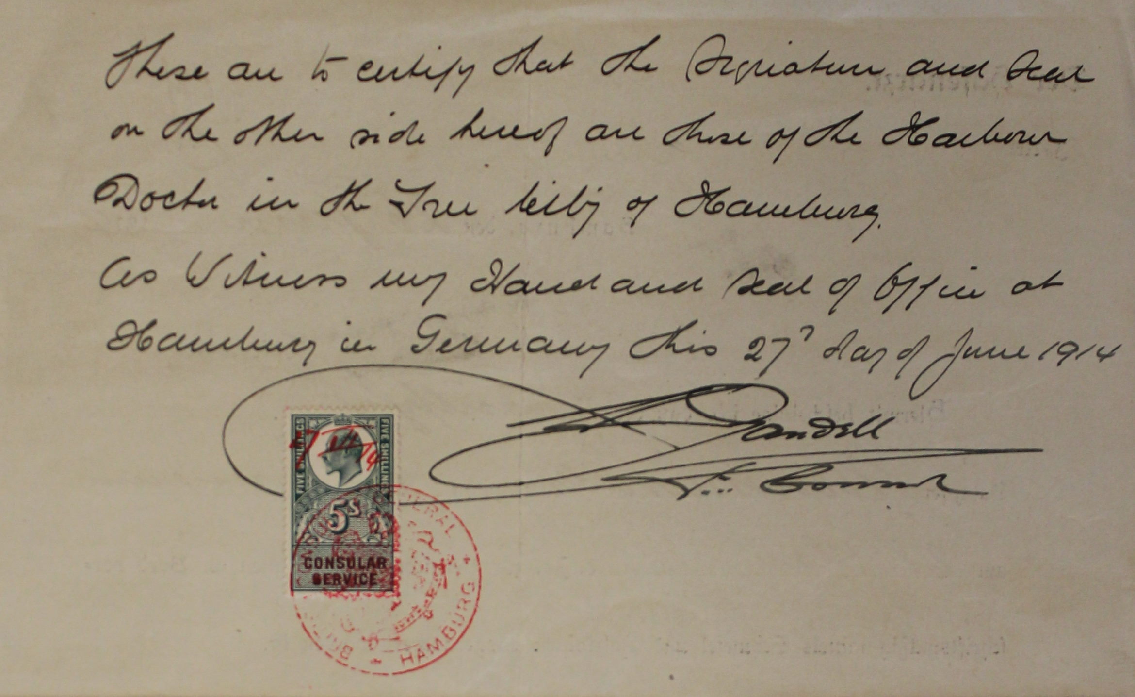 Bescheinigung Hafenarzt Hamburg, Bestätigung Britisches Konsulat 1914