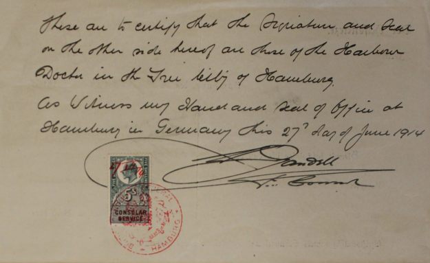 Bescheinigung Hafenarzt Hamburg, Bestätigung Britisches Konsulat 1914