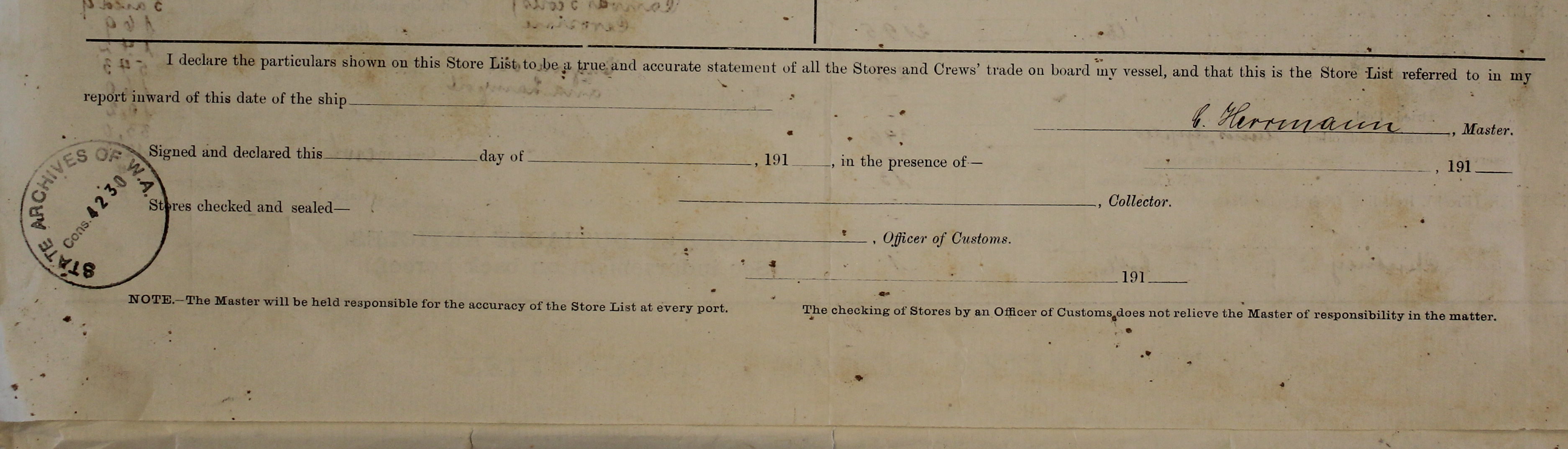 Australian Customs, store list, 1914