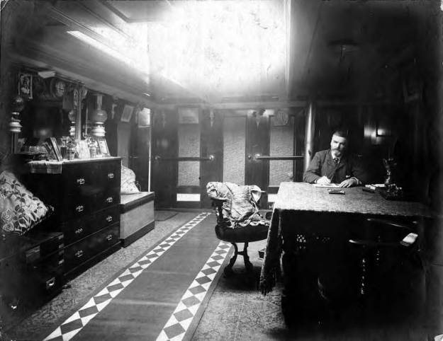 Wilhelm Hester, man, interior of ship, about 1900