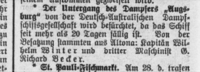 steamer Augsburg, Altonaer Nachrichten March 28th, 1912