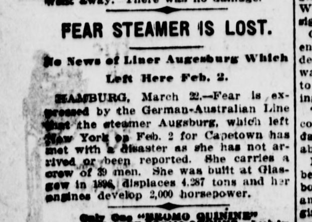 steamer Augsburg, March 1912